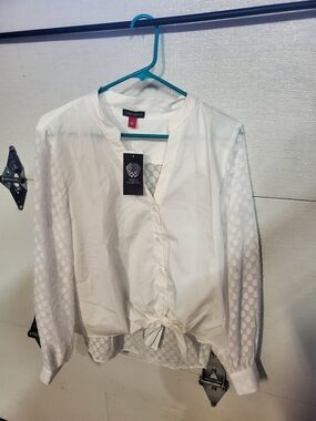 Vince Camuto White Sheer Dot-Sleeve Tie-Front Blouse